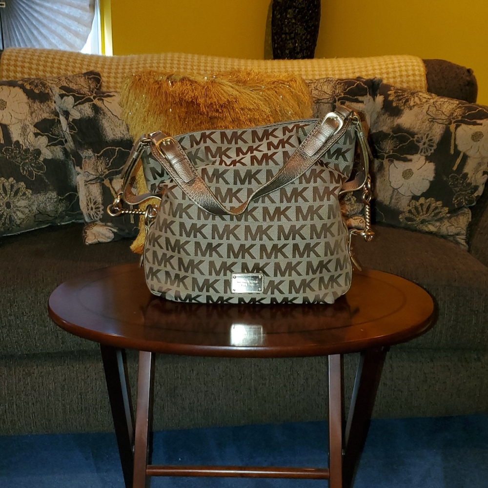 Micheal Kors L cloth "MK" Tan Hobo Bag